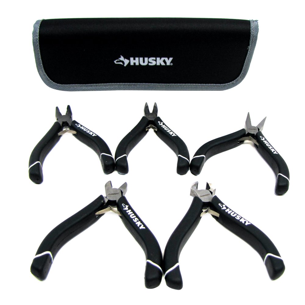 5pc Husky Tools Hobby Pliers Set Long Needle Nose Linesman Wire Cutters Snips Case Pouch