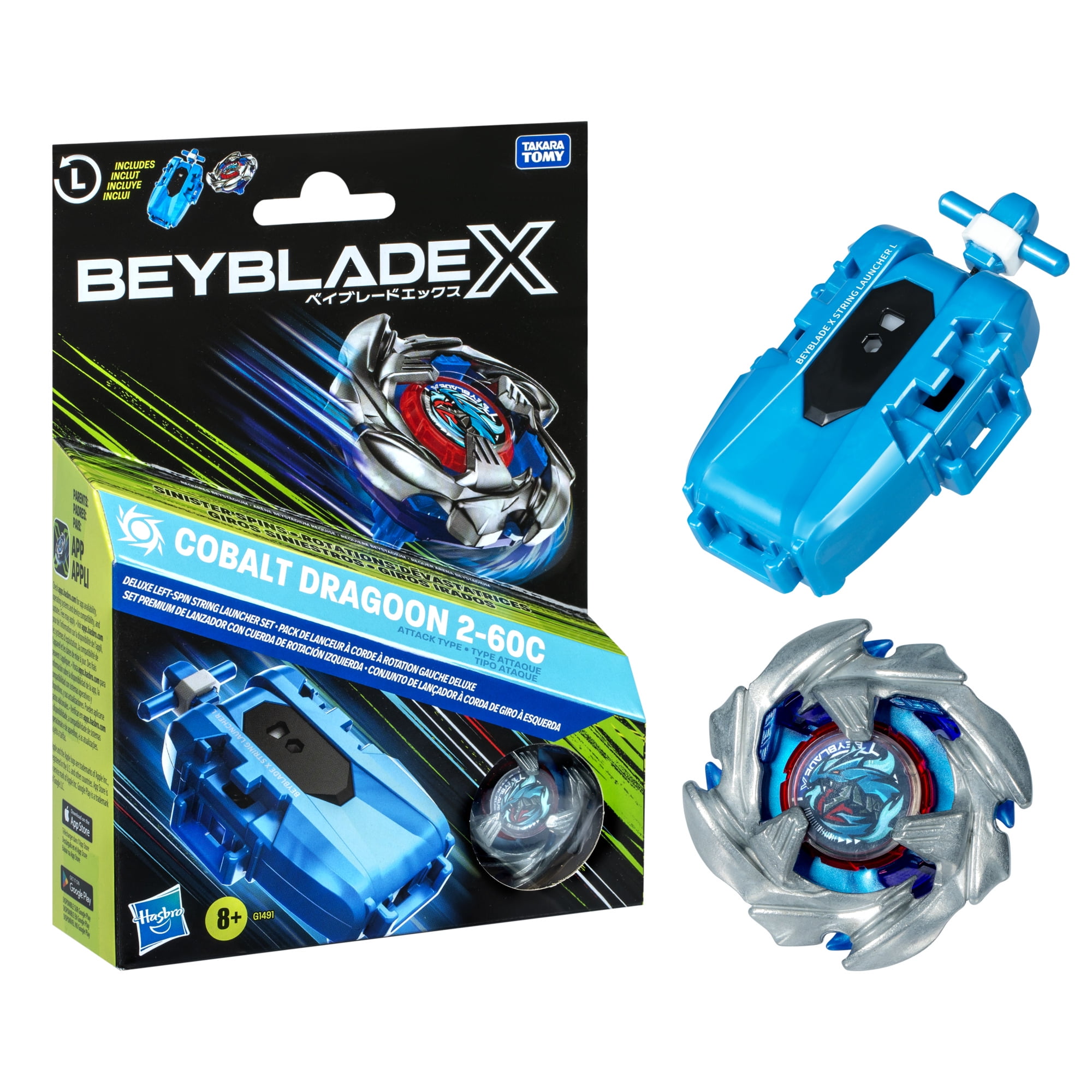 Beyblade X Cobalt Dragoon 2-60C Deluxe Left-Spin String Launcher