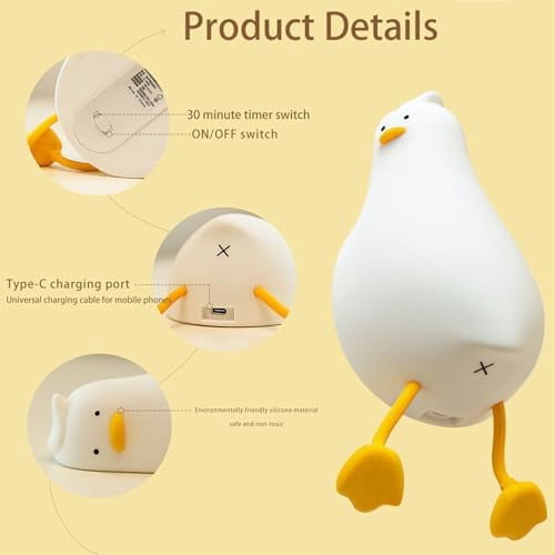 Cute Duck Night Light, Squishy Duck Novelty Animal Lamp, 3 Level Dimmable Nursery Nightlight with Timer, Food Grade Silicone Touch Night Light Fun Gifts for Kids Boys Girls Baby