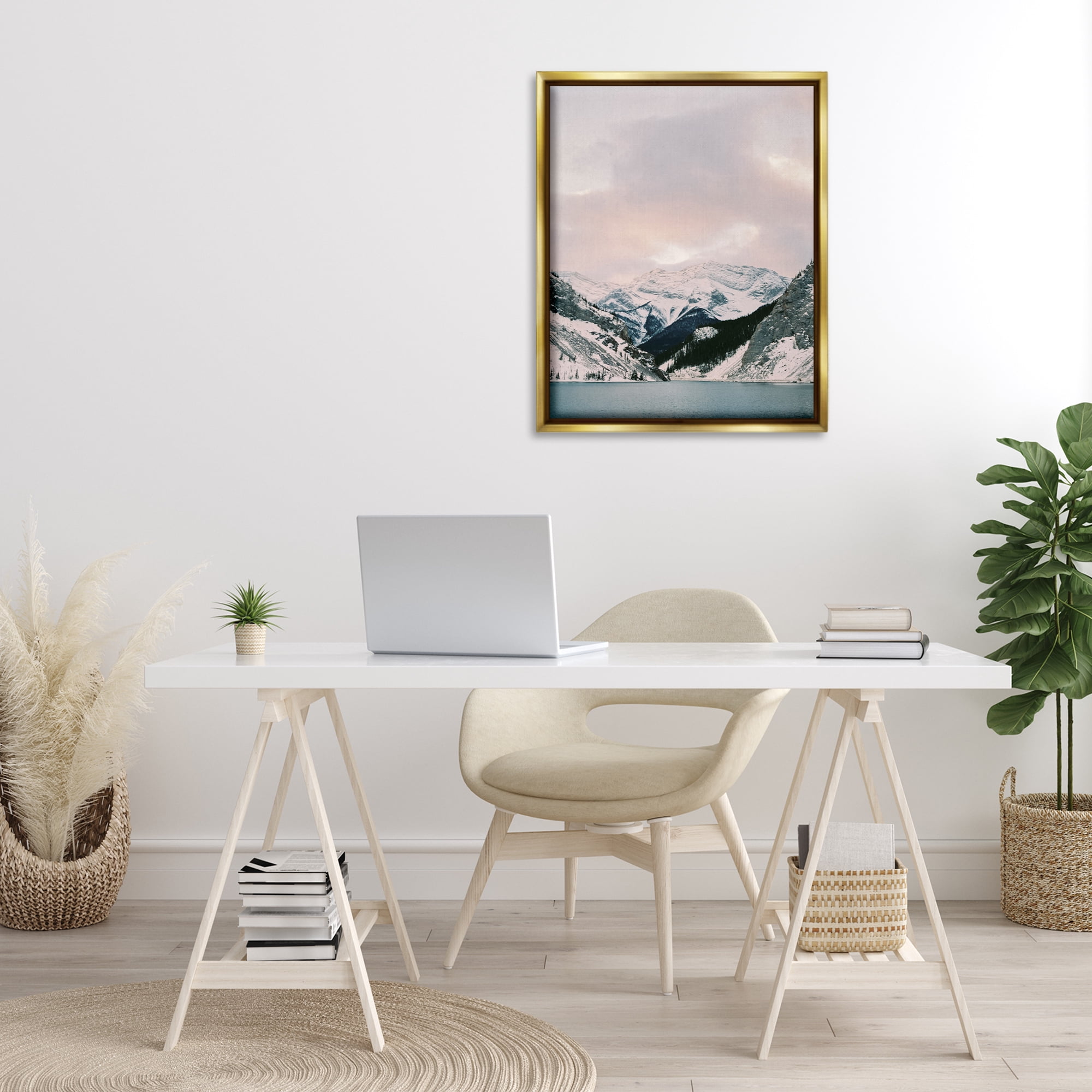 Stupell Industries Snowy Peaks Seascape Landscape Photography Gold Floater Framed Art Print Wall Art, 25 x 31