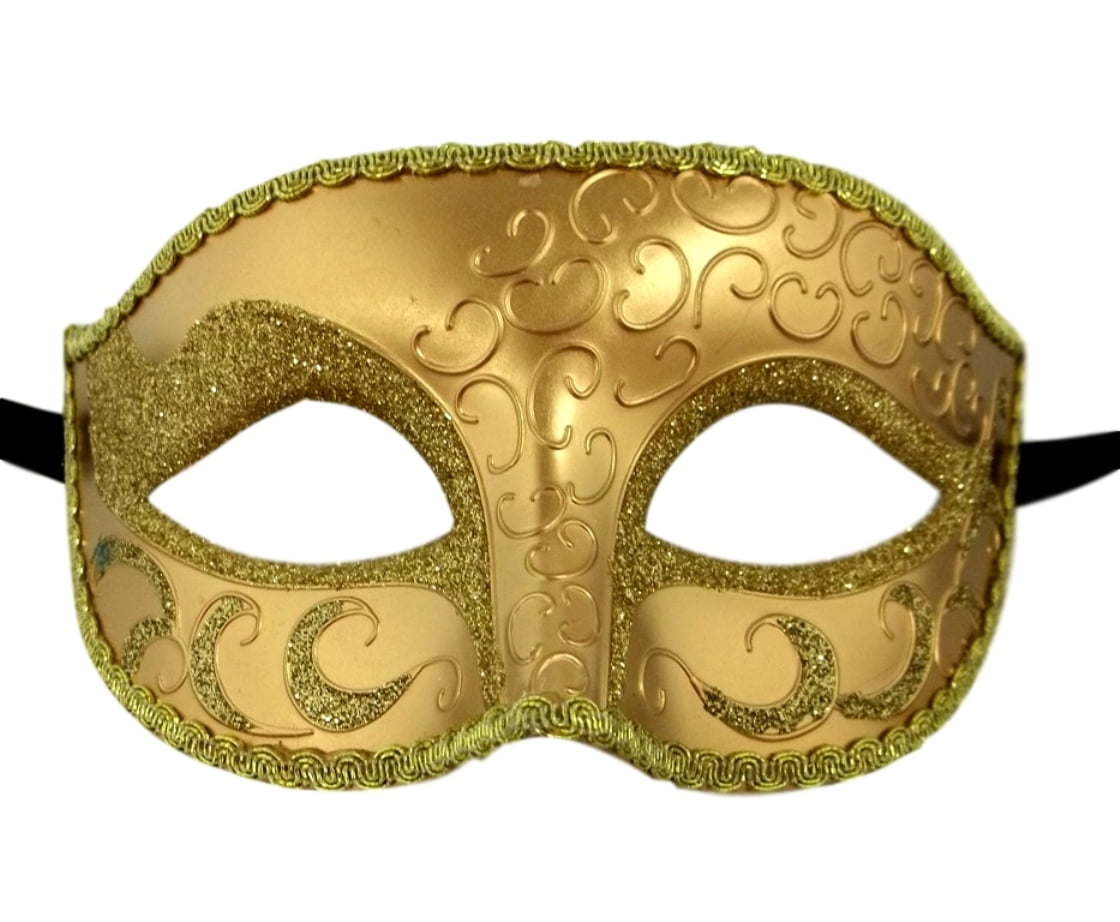 Mens Gold Venetian Black and Gold Glitter Masquerade Eye Mask 