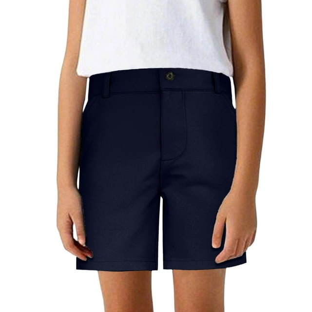 Rhuody Shorts For Boy Elastic Waist Summer Pants Solid Color Classic Versatile And Formal School Performance Five Inch Mid Length Staight Leg Trouser Handsome Clothing Navy 13-14 Years