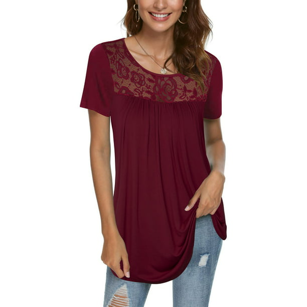 Chama Women's Crew Neck Short Sleeve Tunic Tops Floral Lace Pleated ...