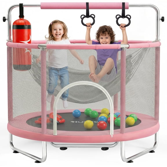 Hurtle 55" Kids Trampoline with Safety Enclosure – Indoor/Outdoor Toddler Trampoline with Adjustable Gymnastics Bar, Swing, Boxing Bag & Rings, 440 lbs Capacity