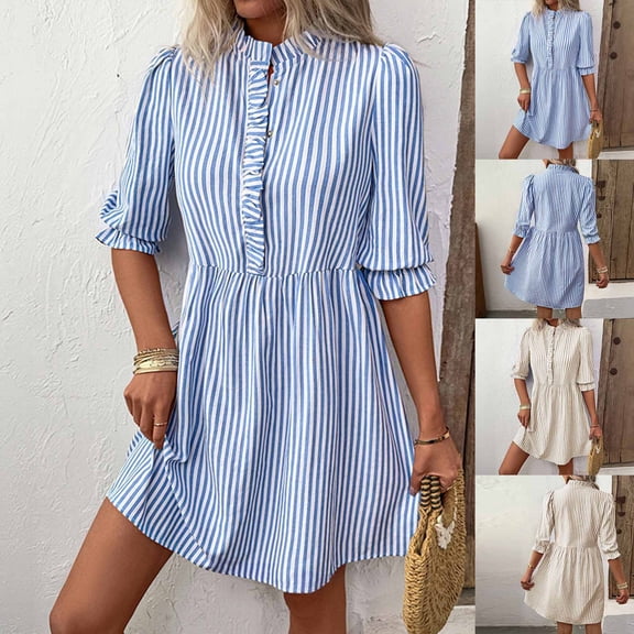 LVHAOGJOB A Line Dress for Women Summer Mini Dress Flowy Swing Solid Color Short Sleeve Boho Khaki Womens Sundress Fit and Flare