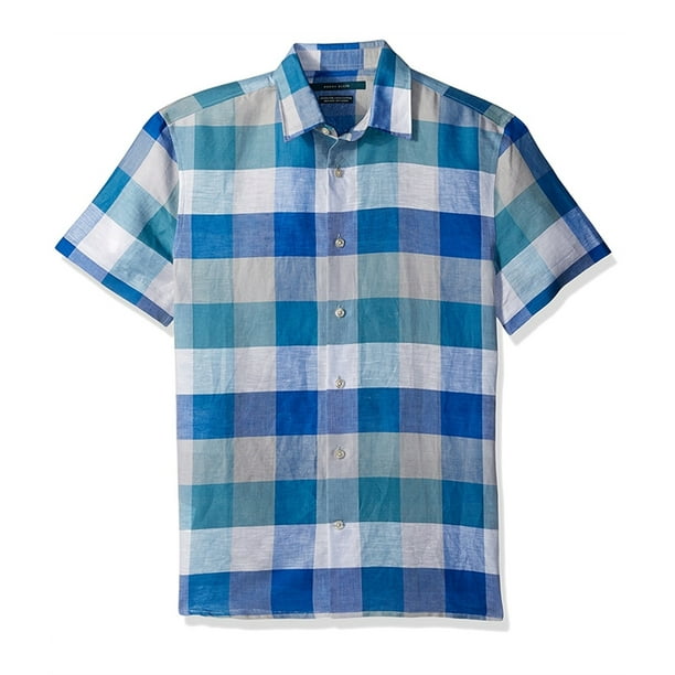 Perry Ellis - Camisa con botones a cuadros de búfalo para hombre, azul, grande Perry Ellis Botones al frente