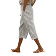 thumbnail image 2 of Linen Capri Pants Women Spring Summer Casual Drawstring Side Button Elastic Waist Straight Wide Leg Cropped Pant Light Gray M, 2 of 7