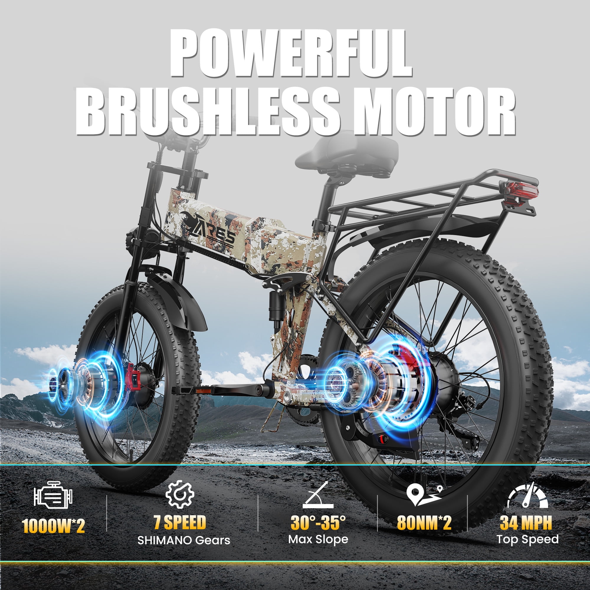 SUNTIBYE Ares Folding Ebike for Adults, 24" Fat Tires Electric Mountain Bike Dual Motor Peak 3000W, 34MPH 65Miles 52V 20AH UL2849