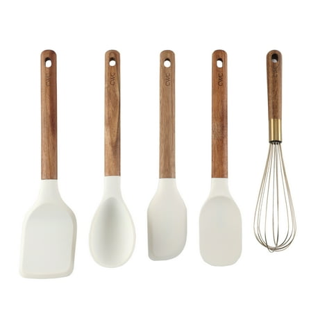 Cook with Color 5-Piece Wooden Cooking Utensils Set with Silicone Heads, Stylish & Durable Kitchen Tools