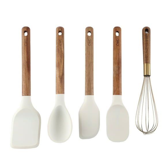 Cook with Color 5-Piece Wooden Cooking Utensils Set with Silicone Heads, Stylish & Durable Kitchen Tools
