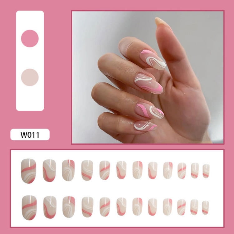 Fake Nails Medium Length Press Abstract Cute Coffin False Nails with Glue,  Stick on Nails Art Manicure Decoration, Glossy Nude Acrylic Nails for Women  and Girls 24Pcs(W011) 