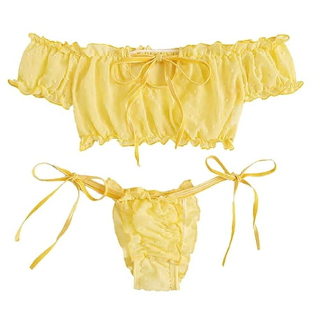

Women s Self Tie Ruffle Trim Dobby Mesh Lingerie Set Sexy Bra and Panty