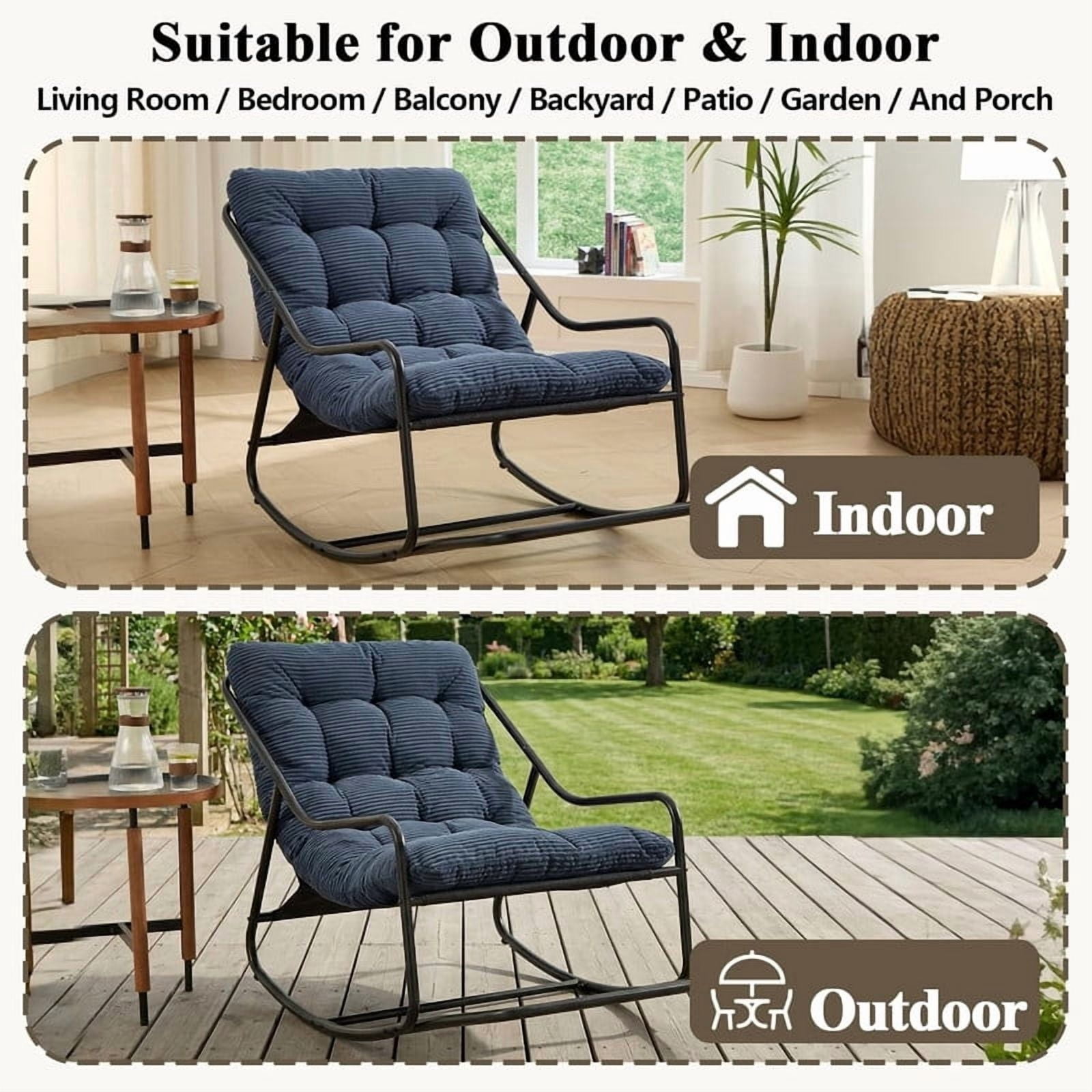 Outdoor Rocking Chair, Papasan Rocking Chair with Metal Frame, Comfy Rocker Lounge Chair for Living Room Porch Patio Garden