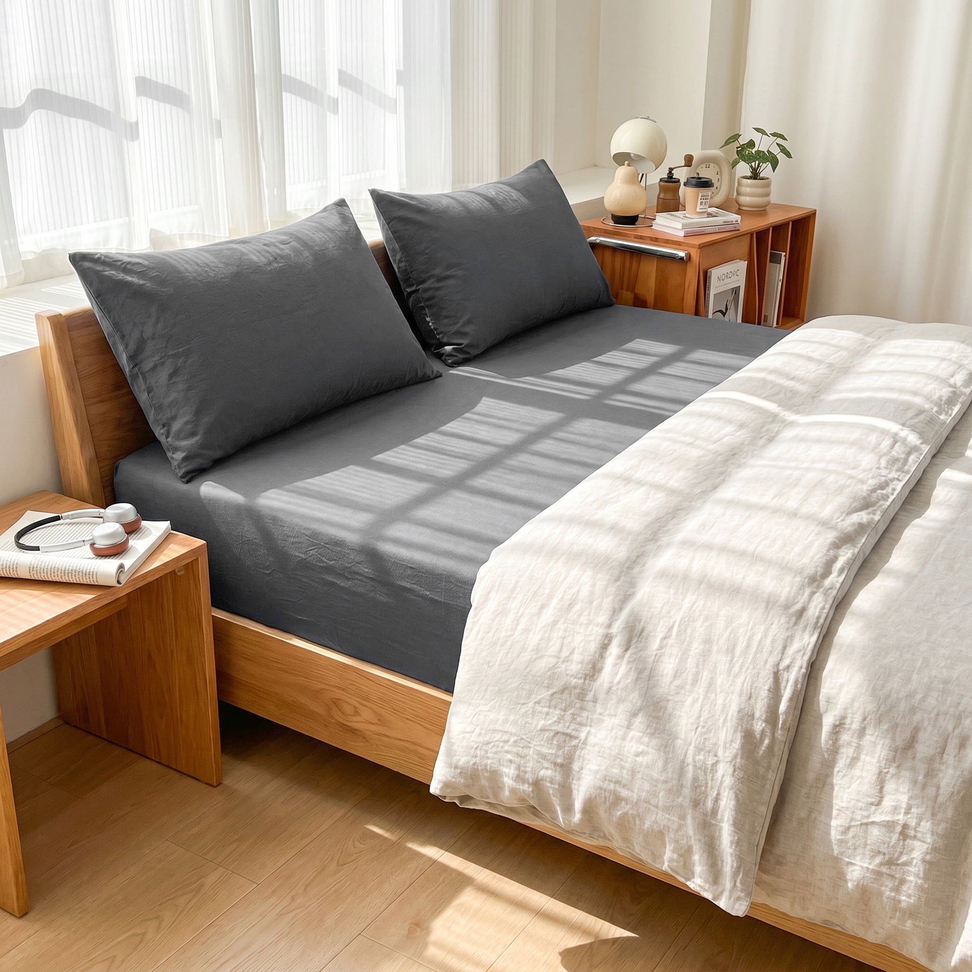 Unique Bargains Fitted Sheet Solid Cotton Bed Sheets Breathable Dark grey 60.2"x79.9"