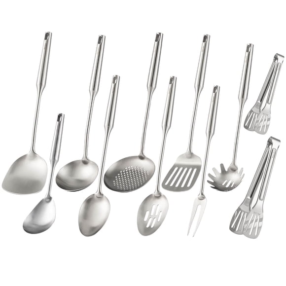 18/10 Stainless Steel Kitchen Utensils Set - 15” All Metal Cooking Tools, 11PCS - 2 Tongs, Fork, Solid Spoon, Slotted Spoon, Spatula, Soup Ladl