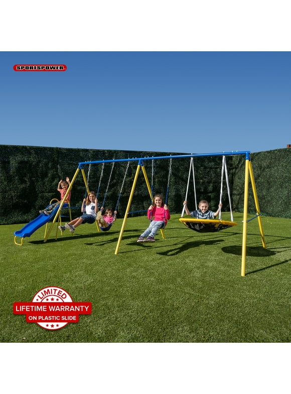 Sportspower Triple Swing & Saucer Metal Swing Set with Saucer Swing, 3 Adjustable Swings, & 5' Double Wall Slide with Lifetime Warranty