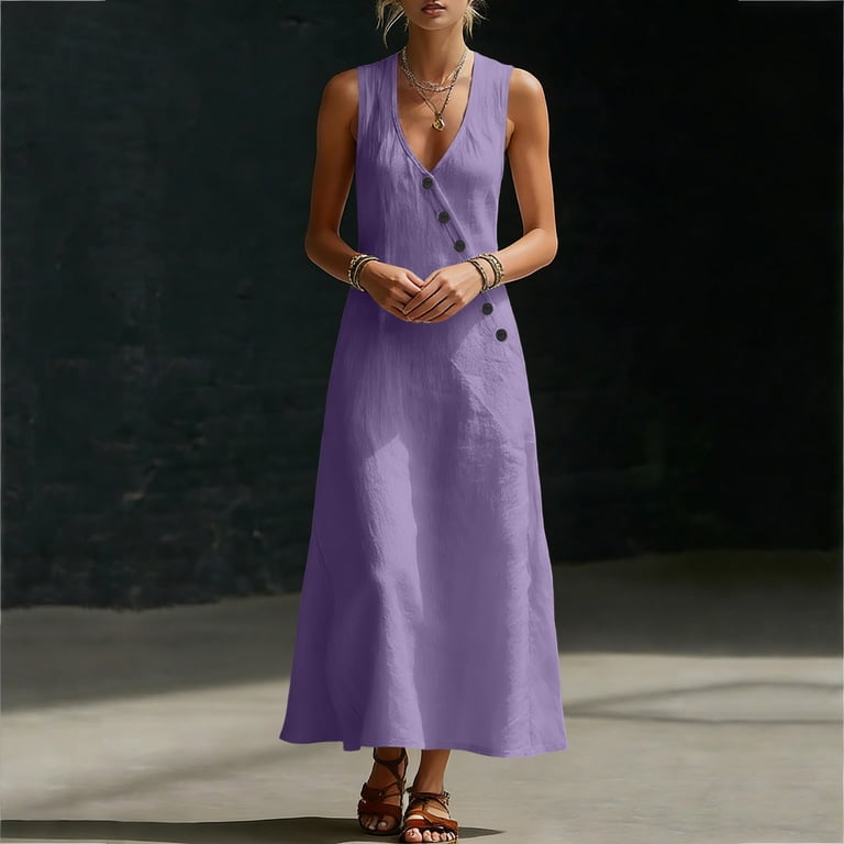 casual purple dress plus size Makaor Maxi Dresses for Women A Line Dresses Sleeveless Solid V Neck White S Birthday Outfit in January Walmart Waist Size:44 making it a versatile Baptism