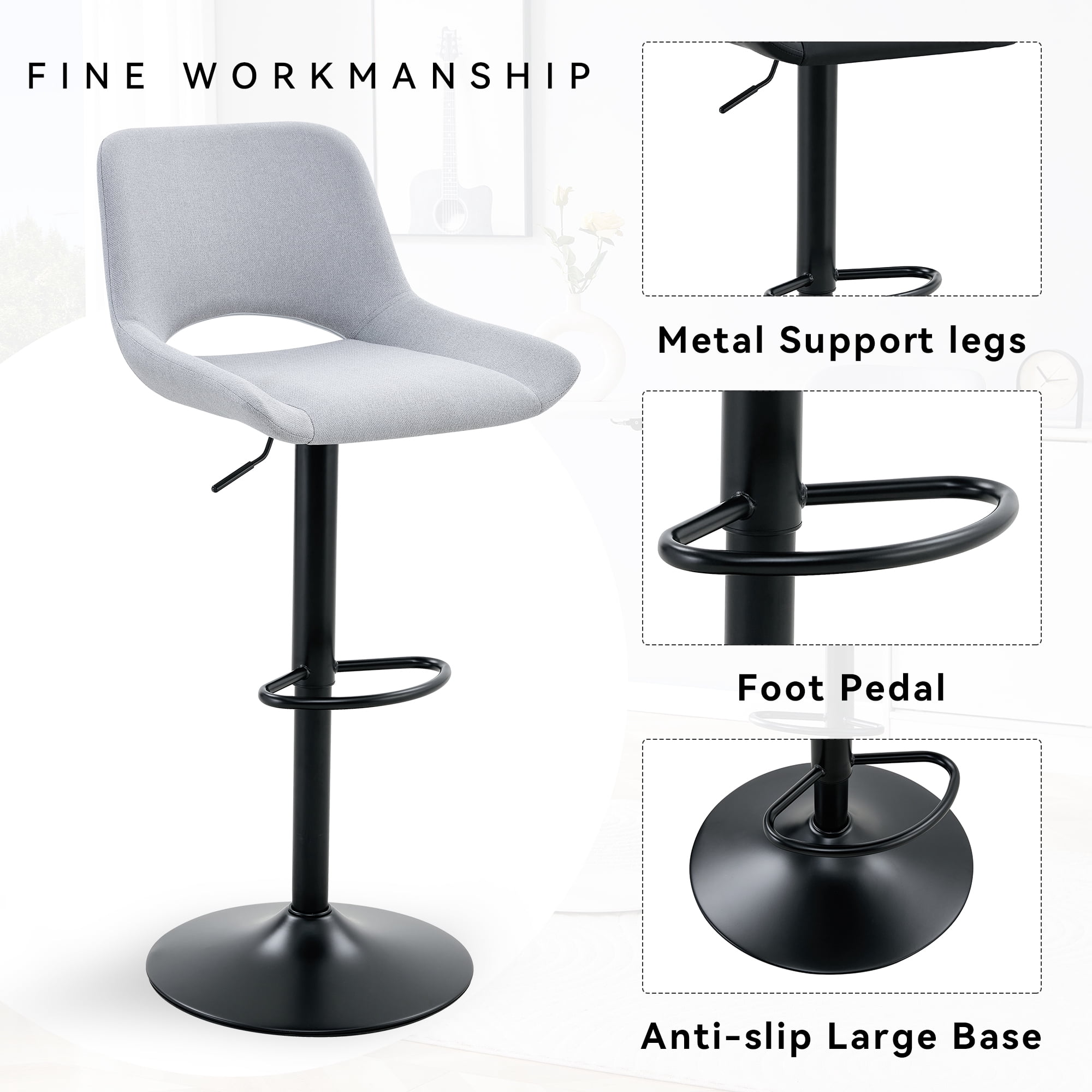 Bar Stools Set of 2, Adjustable Height Swivel Bar Stools with Linen Fabric Seat, 360 Degree Rotating Counter Height Stools for Kitchen Island and Home Bar, Black Metal Frame