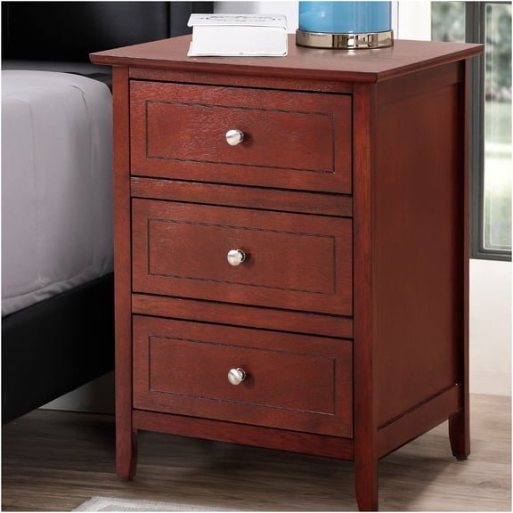 JERFIT Transitional Cherry Nightstand with 3 Drawers, Bedside Table with Wood Grain Finish for Bedroom