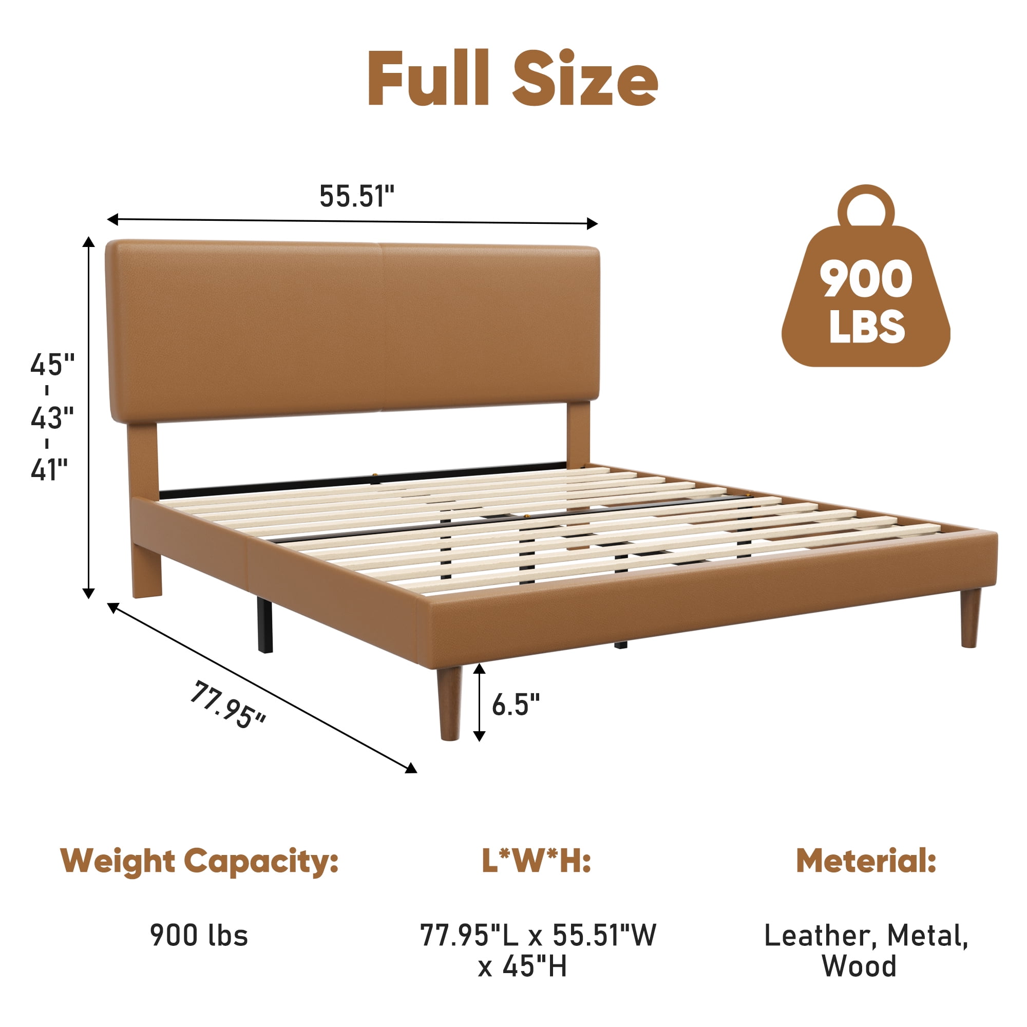 Frostbloom Full Size Faux Leather Platform Bed Frame with Adjustable Headboard, Orange Brown