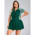 thumbnail image 4 of Sxiwei Woman Plus Size Swimwear Short Sleeve Zip Neck One Piece Swimdress Rash Guard Bathing Suits Green 5XL, 4 of 7
