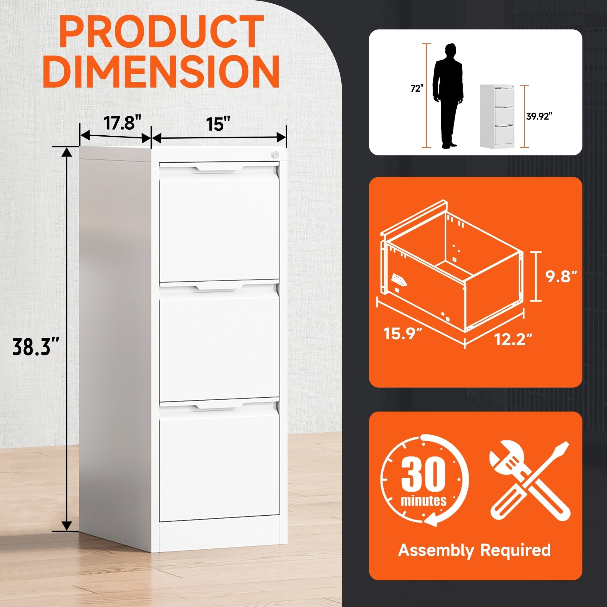 3 Drawer File Cabinet, 17.8" D Metal Filing Cabinets with Lock, Vertical Filing Cabinet for Home Office, Steel File Cabinet for Letter/Legal/A4/F4 Size, Requires installation (White)