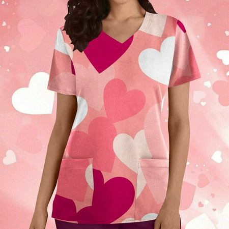 

Valentines Day Gifts for Her UHEOUN Womens Tops Valentines Scrubs for Women Fashion Women Short Sleeve V-Neck Printing Blouse Causal Pullover Pocketss Tops End of Year Clearance