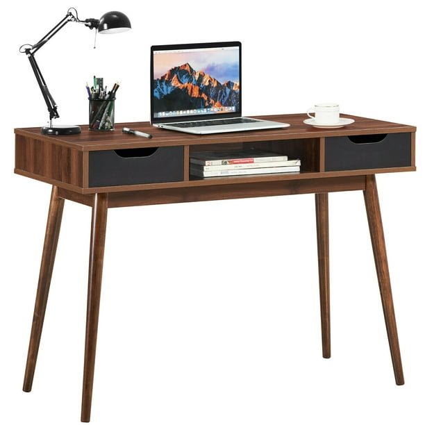 Costway Escritorio con 2 Cajones y Repisa Abierta Mesa Moderna para Ordenador con Sólidas Patas de Madera Mesa Tocador 110 x 50 x 78,6 cm Nuez
