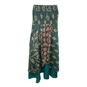 Mogul Womens Green Silk Sari Vintage Dress Two Layered Printed Maxi Skirt