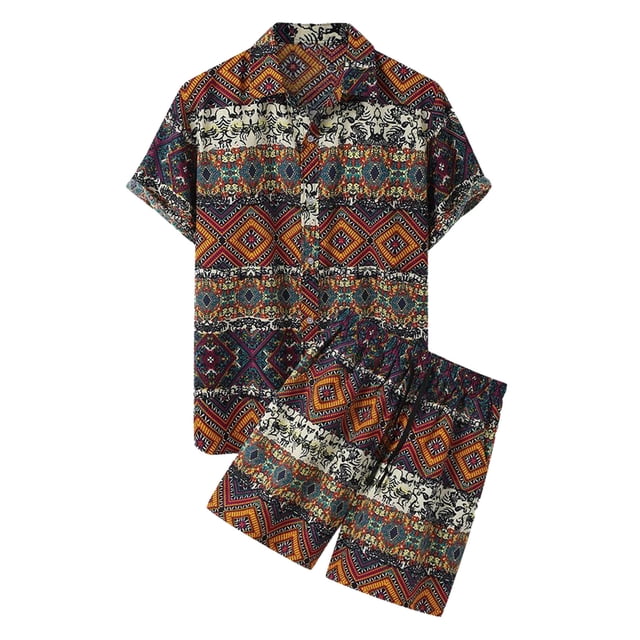 Traje de dos piezas de algodón y lino de manga corta para hombre Pompotops oipoqjl35194