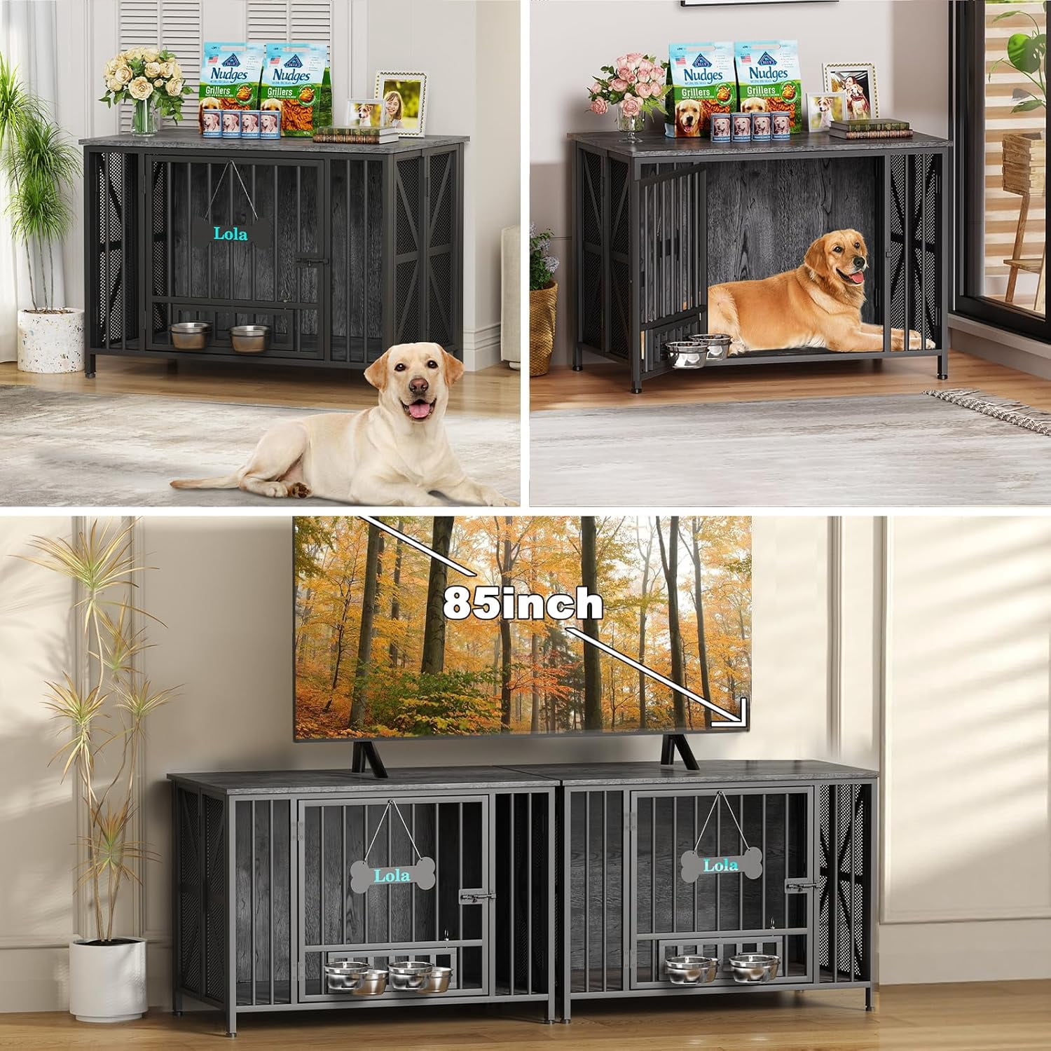 POAO Foldable Large Dog Crate Furniture, 41.3" Assembly-Free Dog Crates for Large Dogs, Decorative Wooden Dog Kennel Indoor with Tag & Dog Bowls
