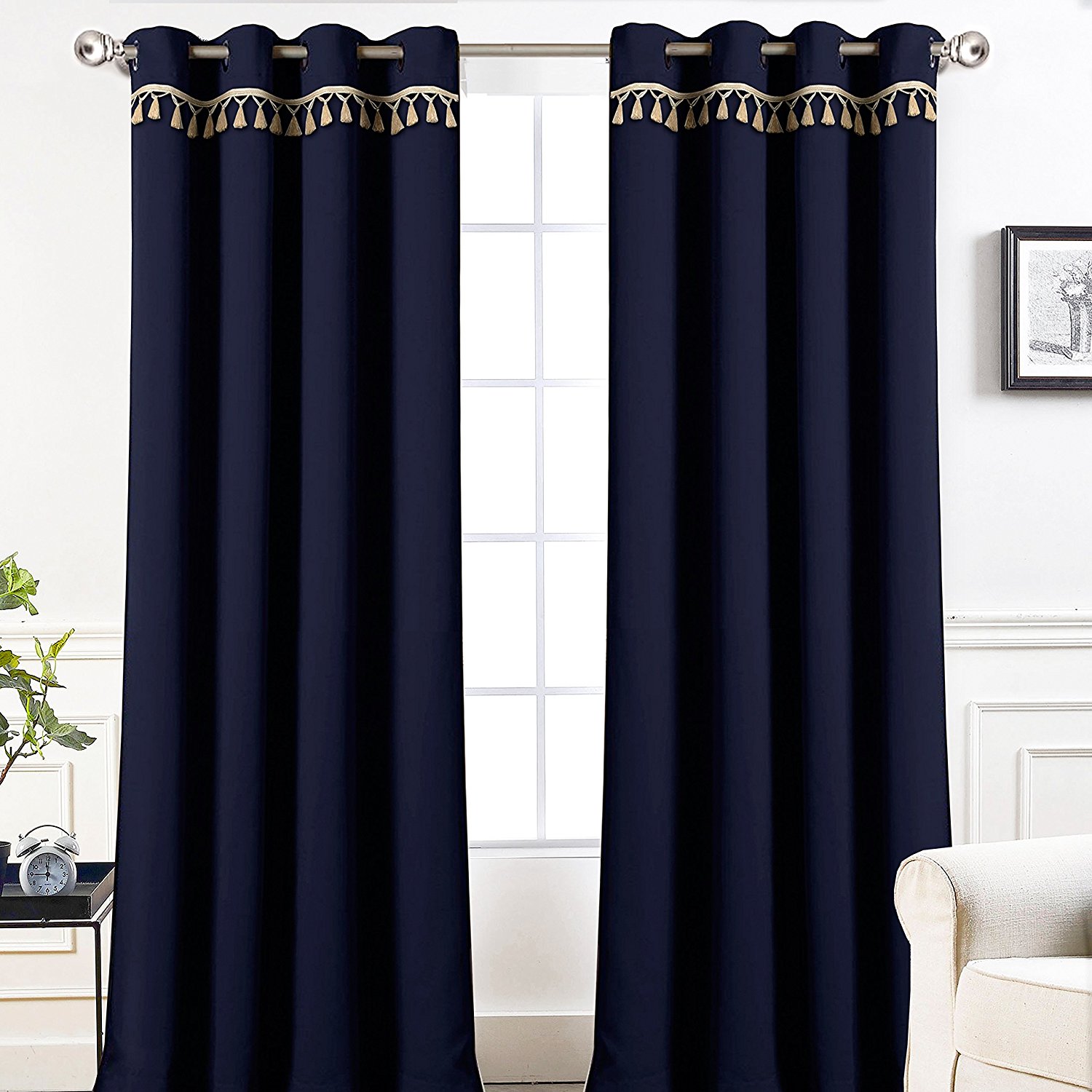 Driftaway Darcy Tassel Trim Solid Thermal Blackout Grommet Window Curtains, Set Of Two Panels