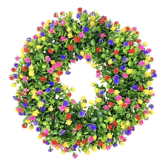 Farmhouse Colorful Cottage Wreath - Spring and Summer Home Decor, Durable Artificial Wreath for All Seasons, Front Door Porch Holiday Decorations (Colorful, 15in)