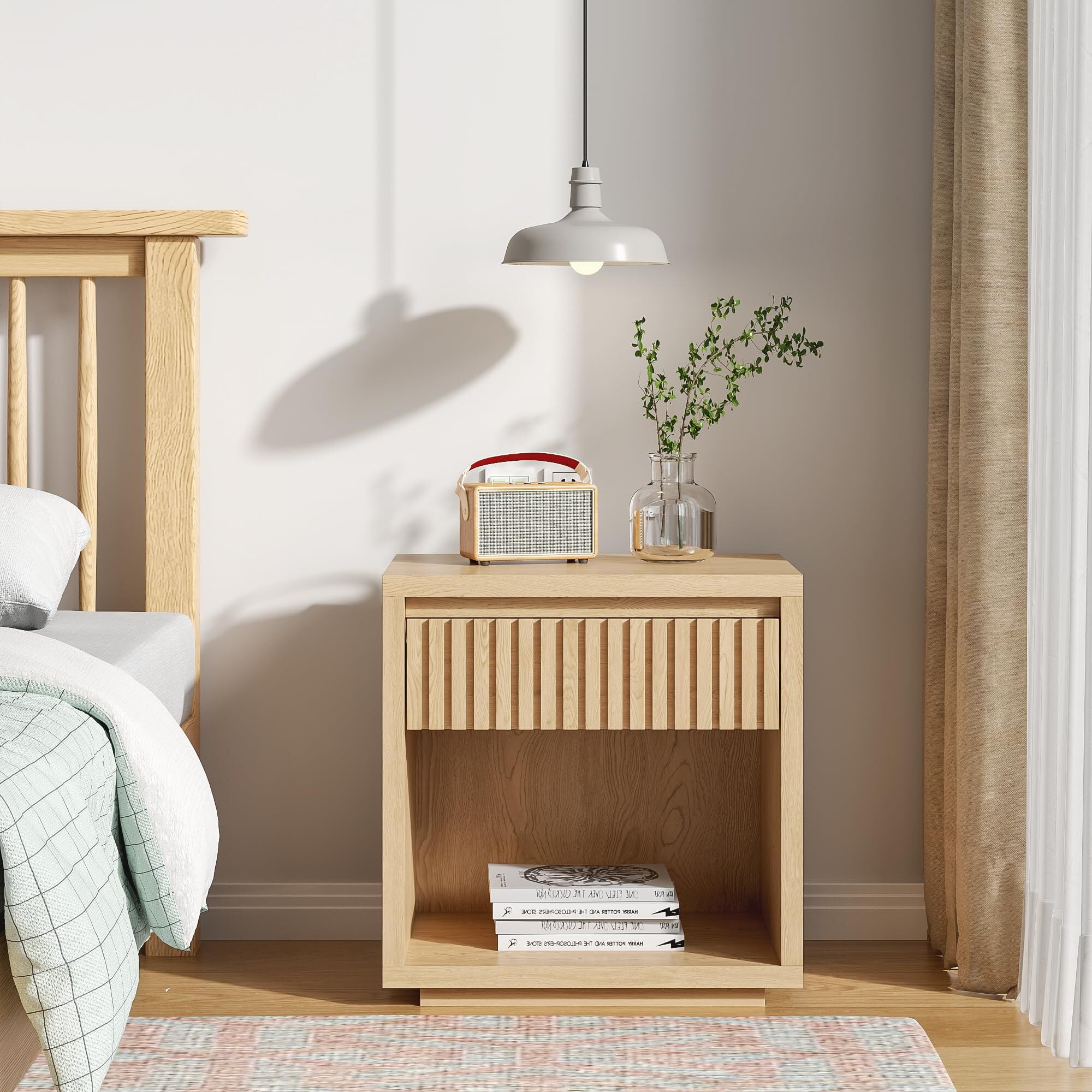 Fluted Nightstand with Drawer Storage, Mid Century Bedside End Table for Bedroom, Wood, 1 pcs