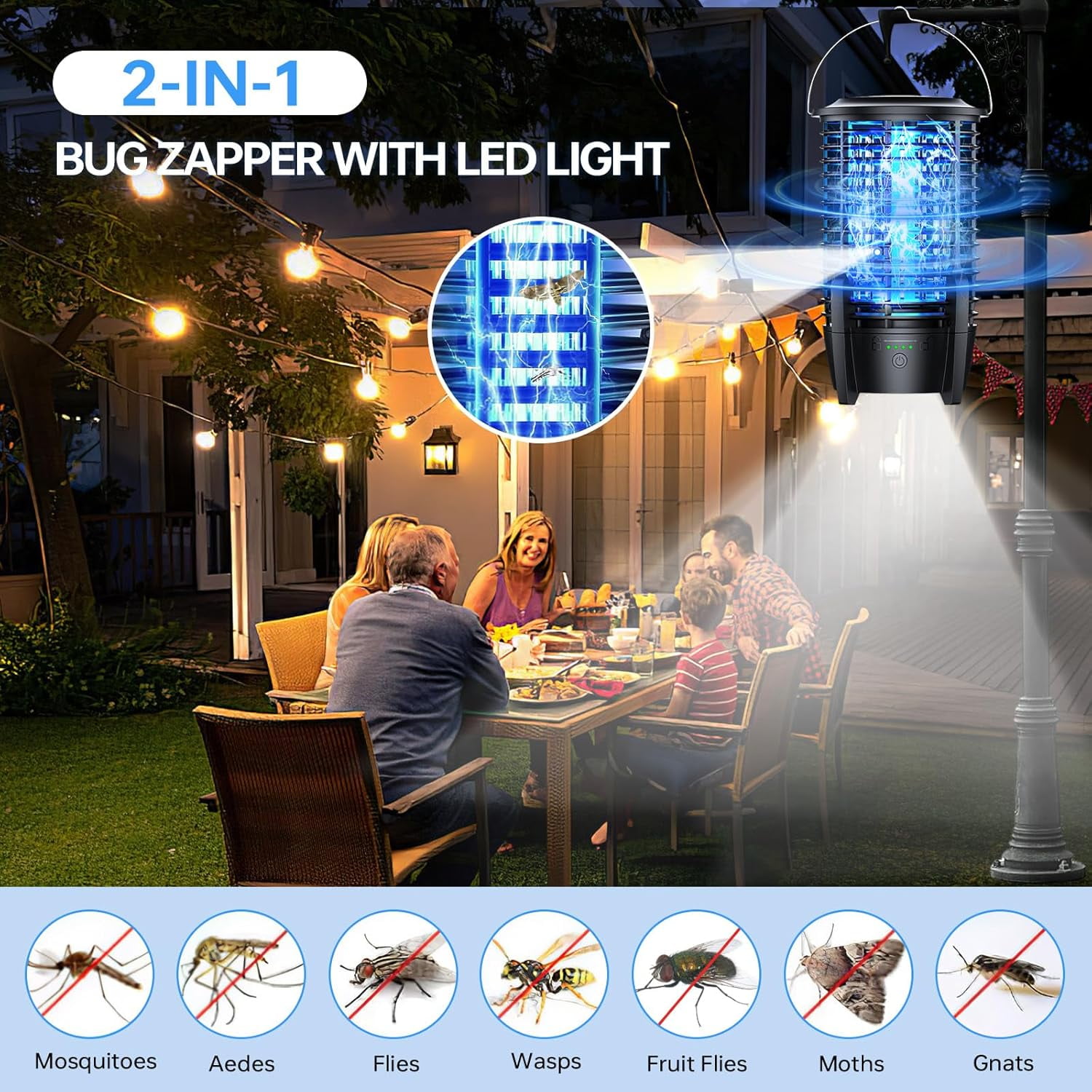 Bug Zapper Outdoor Indoor with LED Light, 2000V Electric Mosquito Fly Insect Killerr for Camping, Picnic, Garden, Patio, Yard, Kitchen, Home, Black