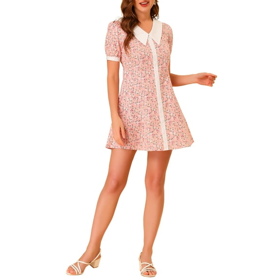 INSPIRE CHIC Women's Floral Dress Point Collar Button up Belted Summer Dresses Pink XS