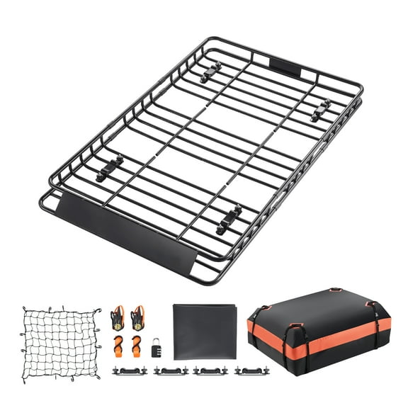 KFFKFF Universal Roof Rack Basket, 64 x 39 x 4.1 in, Rooftop Cargo Carrier with 44.1 x 34.3 x 10.2 in Storage Bag, Net, Ratchet Straps, 250 lbs Load Capacity, Ideal for SUV, Truck, and Car