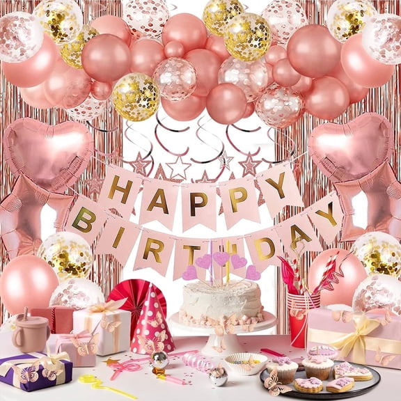 LAFAYTTE Rose Gold Birthday Party Decorations Set, Premium Supplies for Kids, Adults & All Ages, with Happy Birthday Banner and Balloon Bundle