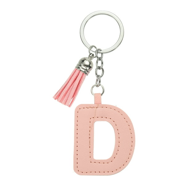Llavero de letra inicial del alfabeto Uxcell, llaveros de cuero lindos con charm de letra con borlas para mujeres, llavero rosa D