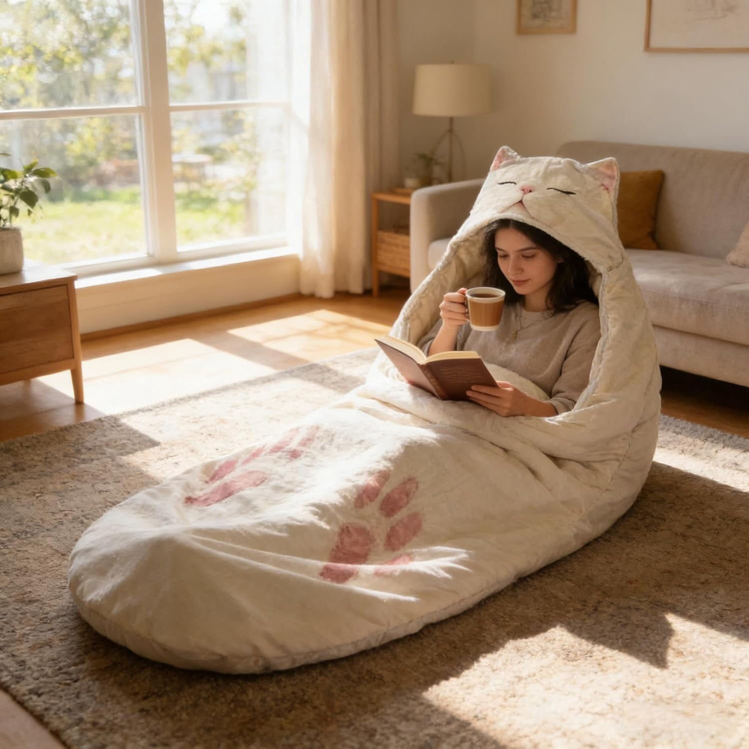 Cat Sleeping Bag, Adorable Cat Envelope Sleeping Bag, Adult Soft Sleeping Bags Plush Cat Envelope Washable Warm Blanket for Camping Travel Sleepovers Home