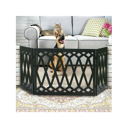 Etna 3-Panel Diamond Design Wood Pet Gate - Decorative Black Tri Fold Dog Fence for Doorways, Stairs - Indoor/Outdoor Pet Barrier - 48