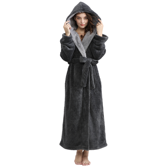 AMITOFO Long Hooded Robes for Women Luxurious Plush Bathrobes with Pockets & Waist Belt Full Length Bathrobe Winter Warm Sleepwear - L & Gray