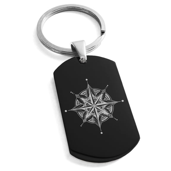 Stainless Steel Nautical Mandala Lotus Compass Engraved Dog Tag Keychain Keyring