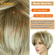 QUEENTAS Short Blonde Wigs for Women Pixie Cut Wig Layered Blonde Glueless Wig with Bangs Synthetic Hair Wig Cap