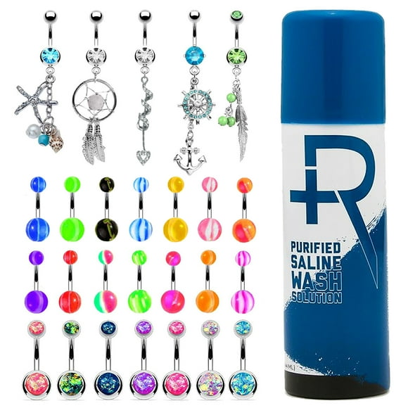 BodyJ4You 65 Belly Button Rings Dangle Barbells 14G Steel CZ Created-Opal Navel Body Jewelry