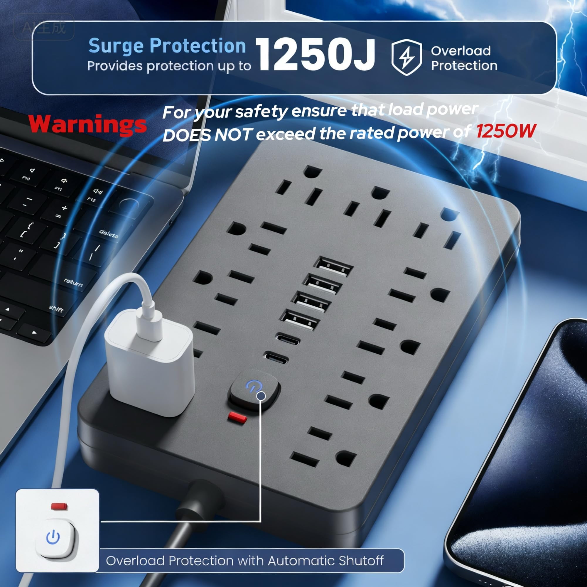20 Ft Flat Plug Surge Protector Power Strip 11 Multiple Ac Outlets With 6 Usb Ports (2 C)  20 Feet Extension Cord 1250w/10a One Touch Button 17 In 1 Compact Powerstrip