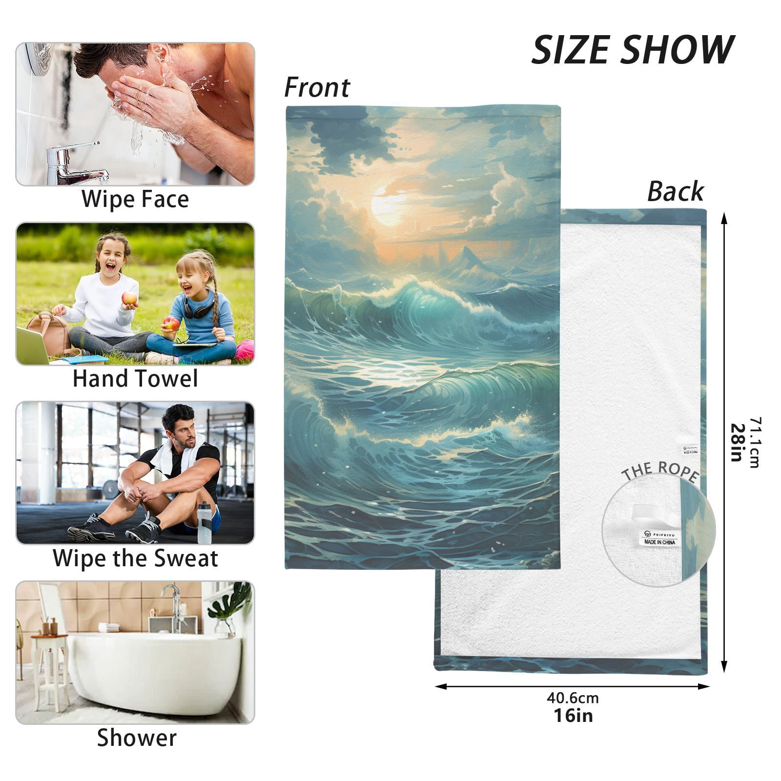 Ocean Blue Hand Towels Cotton Bath Towels Large Face Towels Absorbent for Bathroom 2 Packs