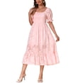 thumbnail image 4 of VESTIDO FLORAL TEXTURIZADO FLUIDO MIDI DE INSPIRE CHIC PARA MUJERES, CON MANGA CORTA ABULLONADA Y CUELLO CUADRADO FRUNCIDO, TALLA M, ROSA CLARO, 4 of 5