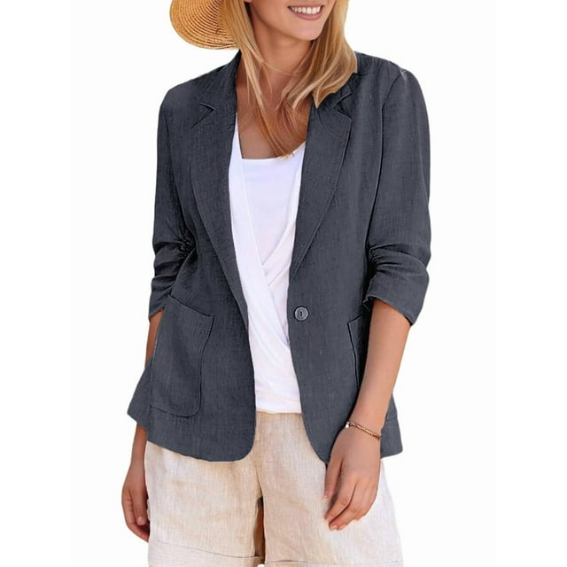 Veste de Travail Décontractée Légère pour Femmes à Col Rabattu Manches Trois-Quarts Élastique Plissée Entièrement Doublée avec Poches Gris Foncé m