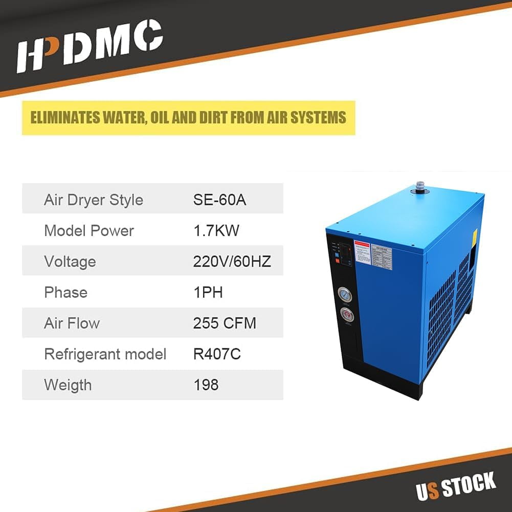HPDAVV Industrial Refrigerated Compressed Air Dryer 255 CFM 230V/60HZ/1-Phase for 50HP Air Compressor R407C